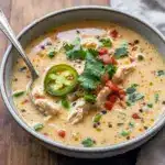 Jalapeno Popper Chicken bowl — steamy Spicy Soup take on Spicy Chicken Soup with shredded Cheddar Chicken, jalapeño specks from Jalapeno Chicken, a touch of Coconut Chicken, hints of Thai Coconut Chicken Soup and Thai Coconut Chicken, and popper-style Chicken Stuffed Peppers crunch.