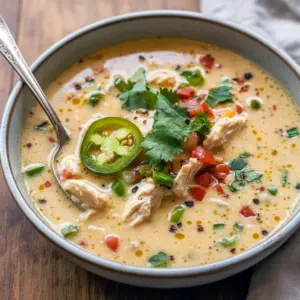 Jalapeno Popper Chicken bowl — steamy Spicy Soup take on Spicy Chicken Soup with shredded Cheddar Chicken, jalapeño specks from Jalapeno Chicken, a touch of Coconut Chicken, hints of Thai Coconut Chicken Soup and Thai Coconut Chicken, and popper-style Chicken Stuffed Peppers crunch.