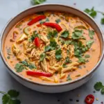 Bowl of coconut-curry soup with shredded chicken, lime, and cilantro — a cozy Soups Without Cream option that reads like a fragrant Thai Stew, ideal for Batch Soup Recipes and a trusty Thai Soup Crockpot weeknight meal.