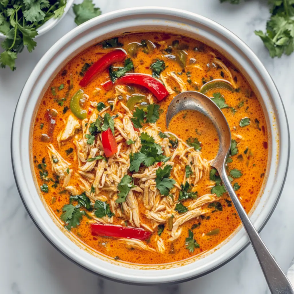 Bowl of coconut-curry soup with shredded chicken, lime, and cilantro — a cozy Soups Without Cream option that reads like a fragrant Thai Stew, ideal for Batch Soup Recipes and a trusty Thai Soup Crockpot weeknight meal, Thai Coconut Soup Slow Cooker.
