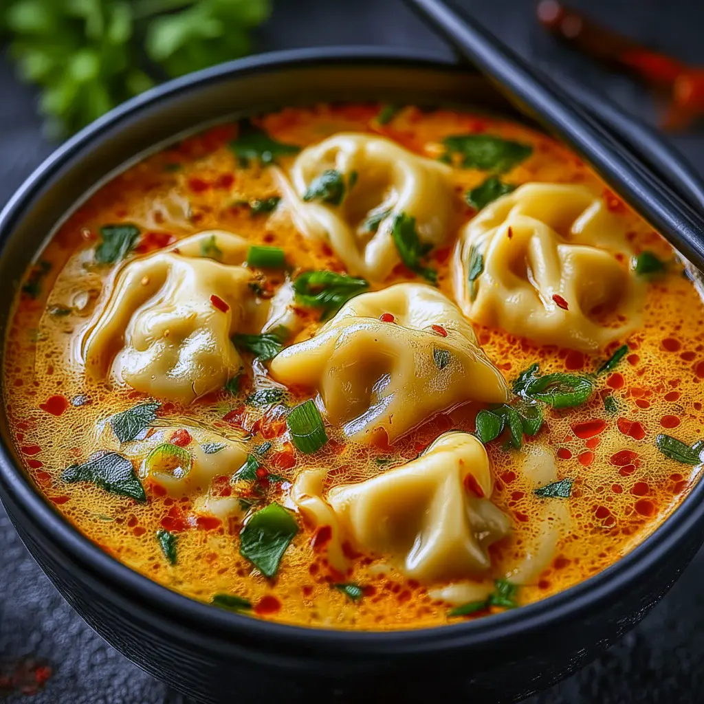 Creamy Asian Soup — bowl of coconut-curry broth with potstickers, spinach, sweet potato, lime, and cilantro (top-down).