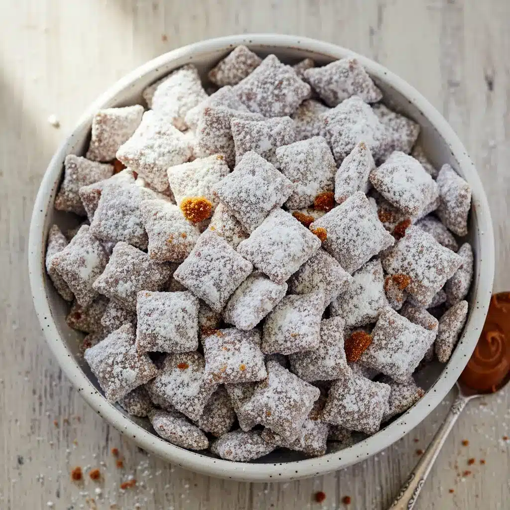Close-up of Biscoff puppy chow: Chex cereal clusters coated in chocolate-cookie butter and powdered sugar, piled in a rustic bowl, Puppy Chow Different Flavors.