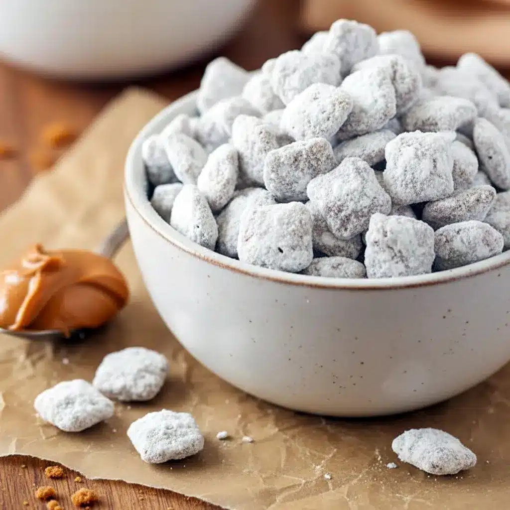 Close-up of Biscoff puppy chow: Chex cereal clusters coated in chocolate-cookie butter and powdered sugar, piled in a rustic bowl, Puppy Chow Different Flavors.