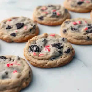 Close-up of peppermint Oreo cookies stacked on a festive plate, topped with crushed candy canes and scattered chocolate chips, Best Christmas Cookies.