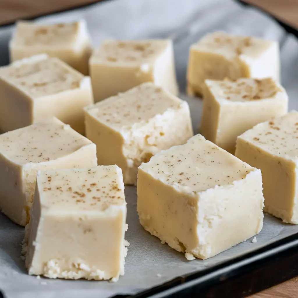 Square of rich, white-chocolate eggnog fudge dusted with nutmeg on parchment — a perfect Egg Nog Desserts Easy, ideal for Recipes Using Egg Nog, and a festive twist on a Snickerdoodle Fudge Recipe, Recipe With Eggnog.