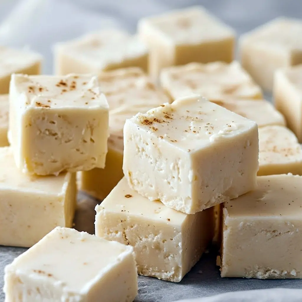 Square of rich, white-chocolate eggnog fudge dusted with nutmeg on parchment — a perfect Egg Nog Desserts Easy, ideal for Recipes Using Egg Nog, and a festive twist on a Snickerdoodle Fudge Recipe, Recipe With Eggnog.