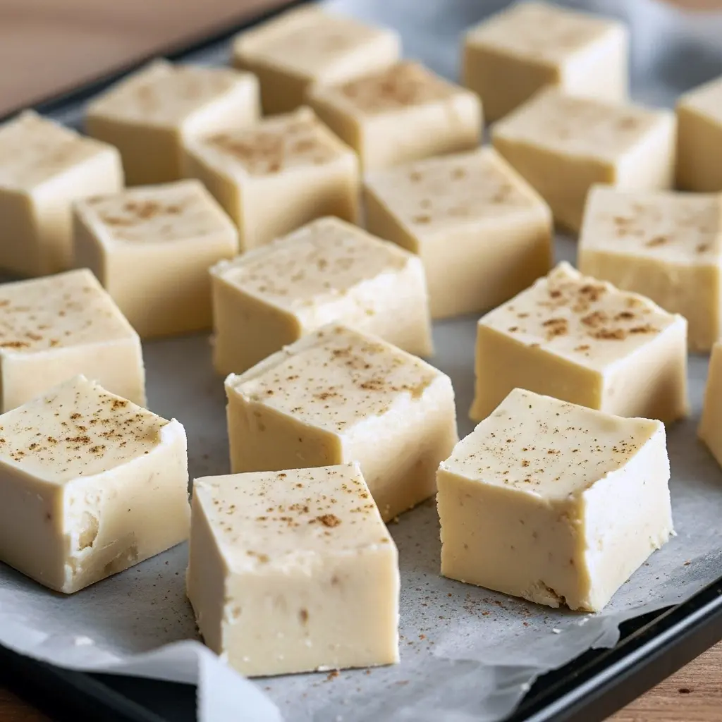 Square of rich, white-chocolate eggnog fudge dusted with nutmeg on parchment — a perfect Egg Nog Desserts Easy, ideal for Recipes Using Egg Nog, and a festive twist on a Snickerdoodle Fudge Recipe, Recipe With Eggnog.