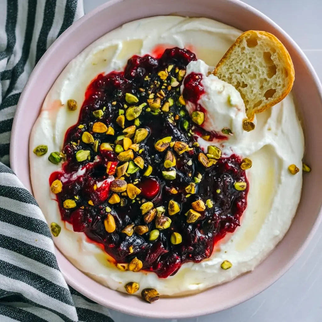 Close-up of a shallow bowl of whipped feta topped with glossy cranberry compote, chopped pistachios, and a honey drizzle, served with toasted crostini on a festive wooden board, Holiday Appetizers.