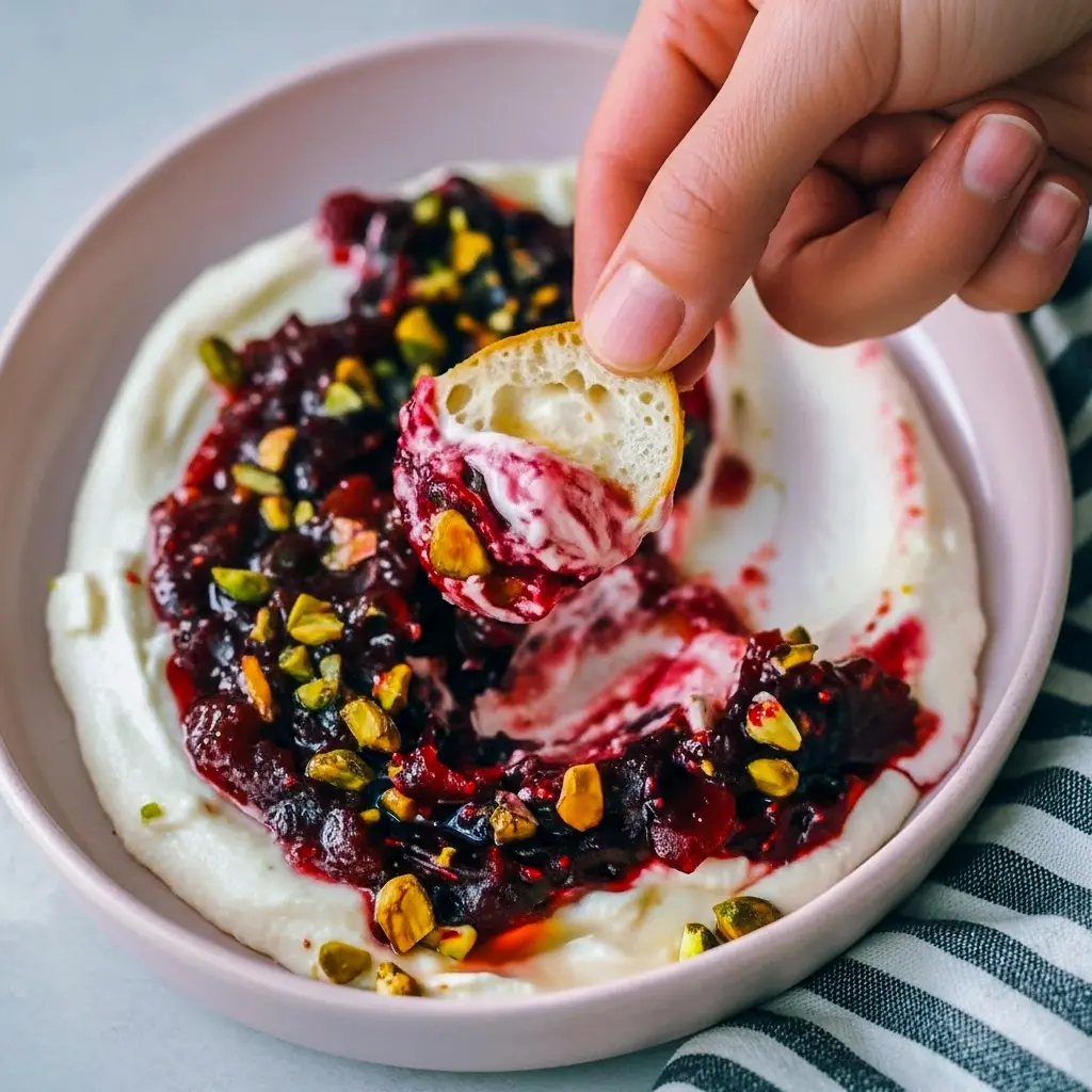Close-up of a shallow bowl of whipped feta topped with glossy cranberry compote, chopped pistachios, and a honey drizzle, served with toasted crostini on a festive wooden board, Holiday Appetizers.