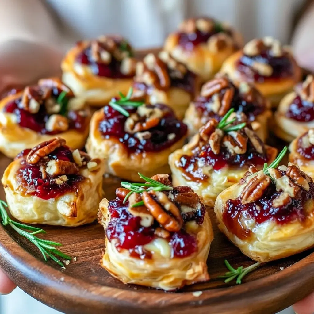 Close-up of golden puff pastry cups filled with melted brie and cranberry topping, garnished with fresh rosemary, Brie Bites.