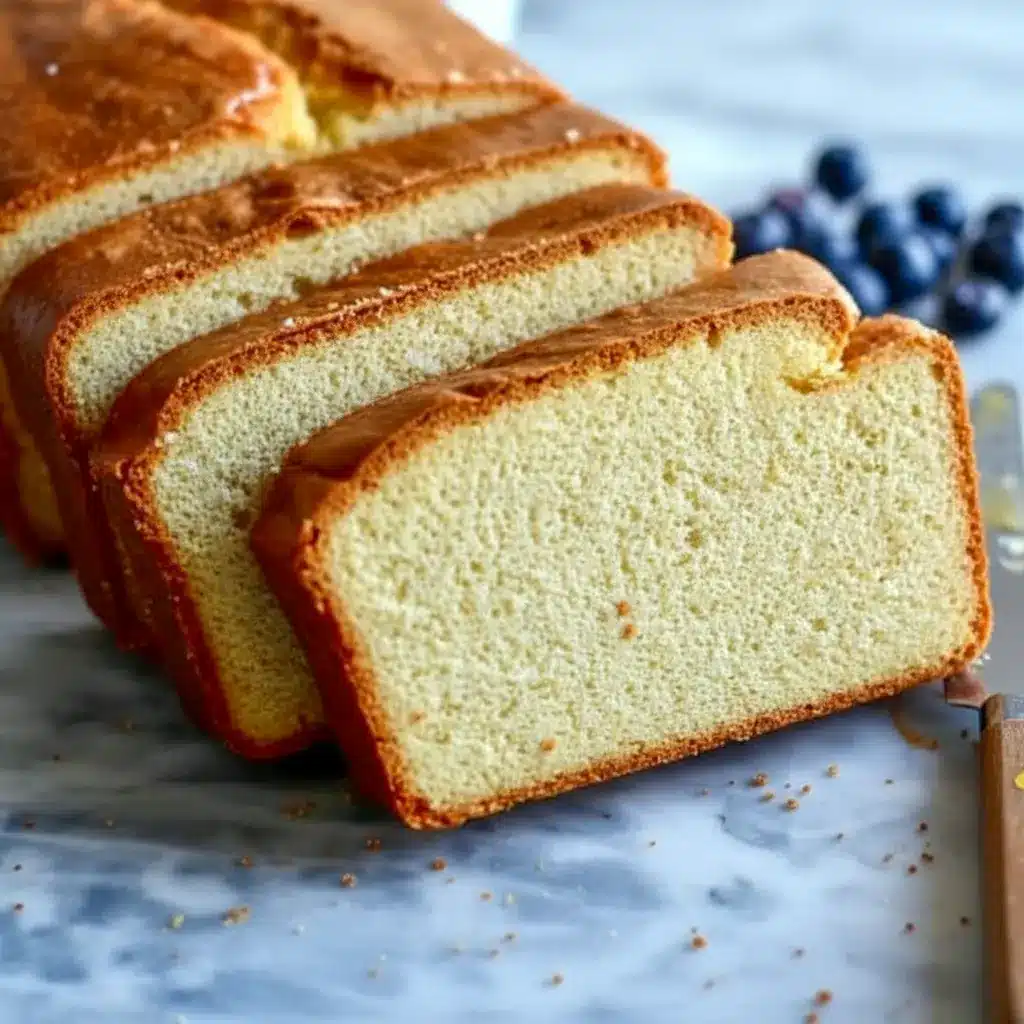 Sliced keto cream cheese pound cake on a wooden board, showing moist, golden interior and tender crumb, styled with a few fresh berries, Keto Pound Cake Cream Cheese.