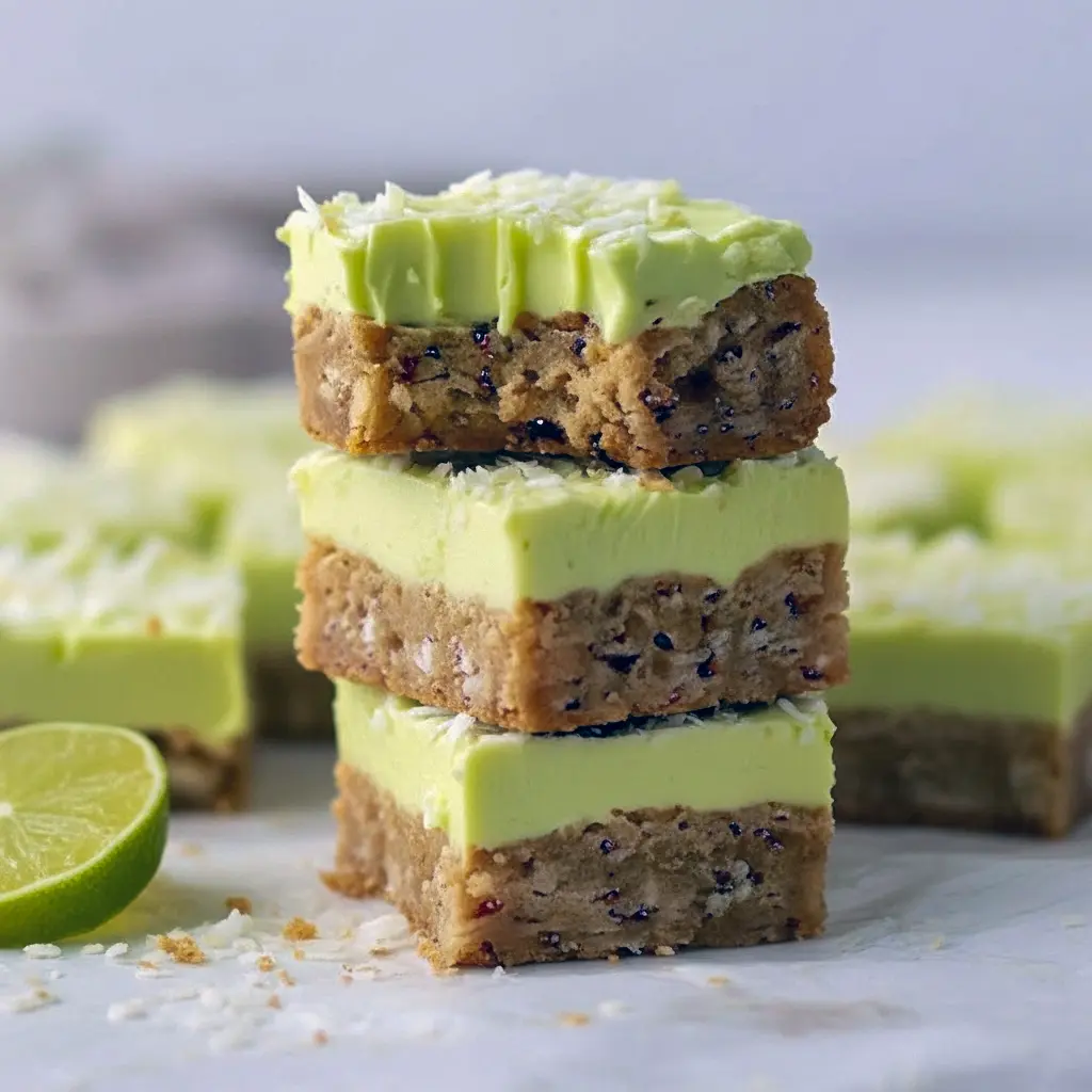 Squares of lime-frosted coconut bars with shredded coconut and a white chocolate drizzle on a festive serving board, Starbucks Bars.