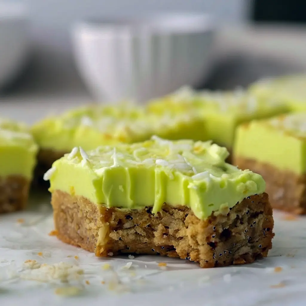 Squares of lime-frosted coconut bars with shredded coconut and a white chocolate drizzle on a festive serving board, Starbucks Bars.