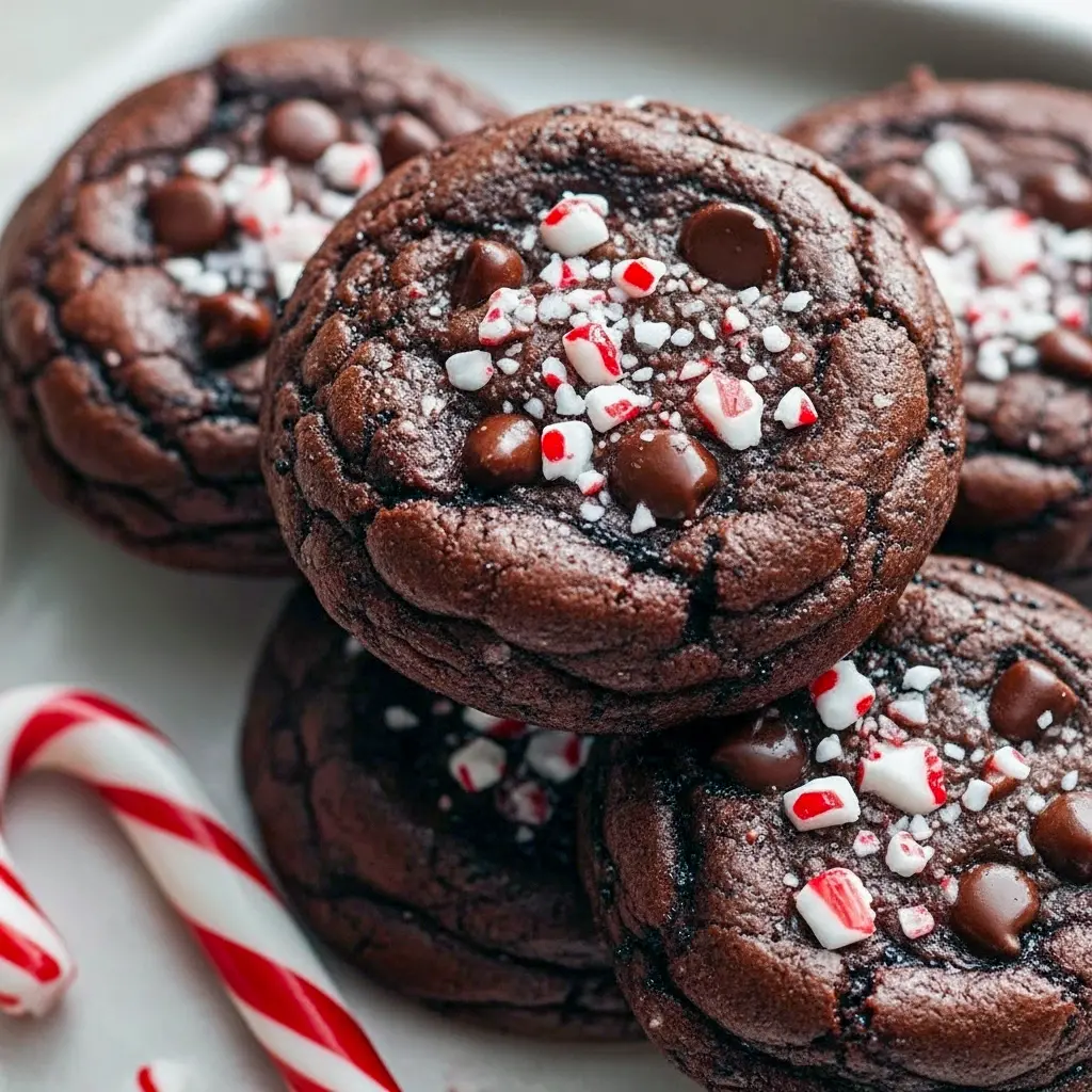 Fudgy chocolate peppermint brownie cookies with cracked glossy tops, melty chocolate chips, and crushed candy cane sprinkles on parchment paper, Easy Chocolate Christmas Cookies.