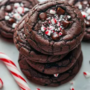 Fudgy chocolate peppermint brownie cookies with cracked glossy tops, melty chocolate chips, and crushed candy cane sprinkles on parchment paper, Easy Chocolate Christmas Cookies.