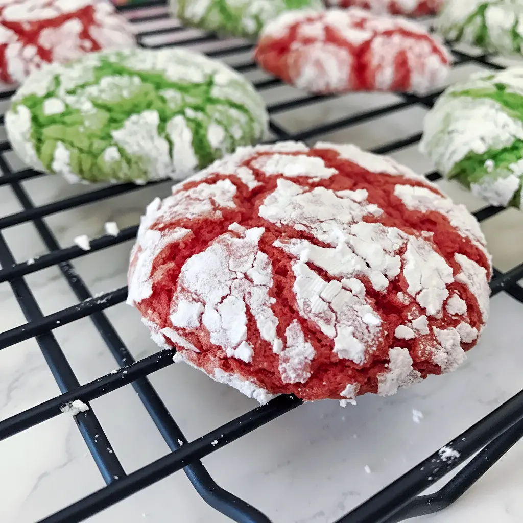 Stack of red and green crinkle cookies dusted in powdered sugar on a white plate, close-up showing cracked tops and soft, chewy centers, Easy Cake Mix Christmas Cookies.