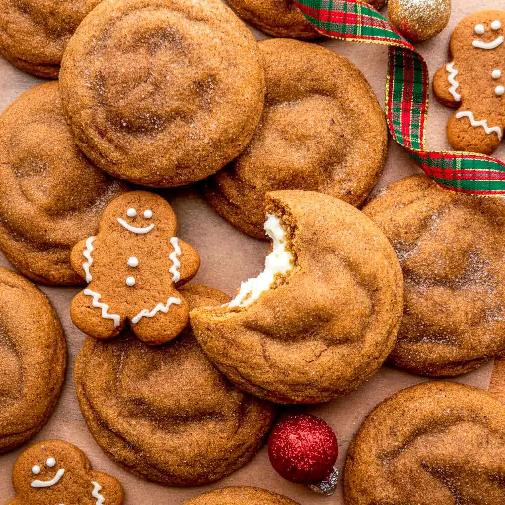Close-up of a spiced gingerbread cookie stuffed with creamy cheesecake, rolled in cinnamon sugar and dusted with powdered sugar, Christmas Gingerbread Cheesecake Cookies.