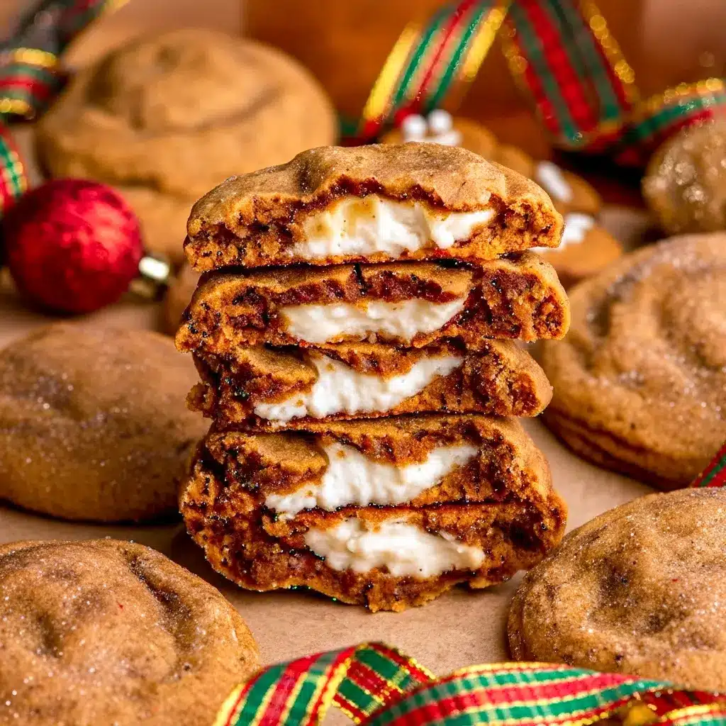 Close-up of a spiced gingerbread cookie stuffed with creamy cheesecake, rolled in cinnamon sugar and dusted with powdered sugar, Christmas Gingerbread Cheesecake Cookies.