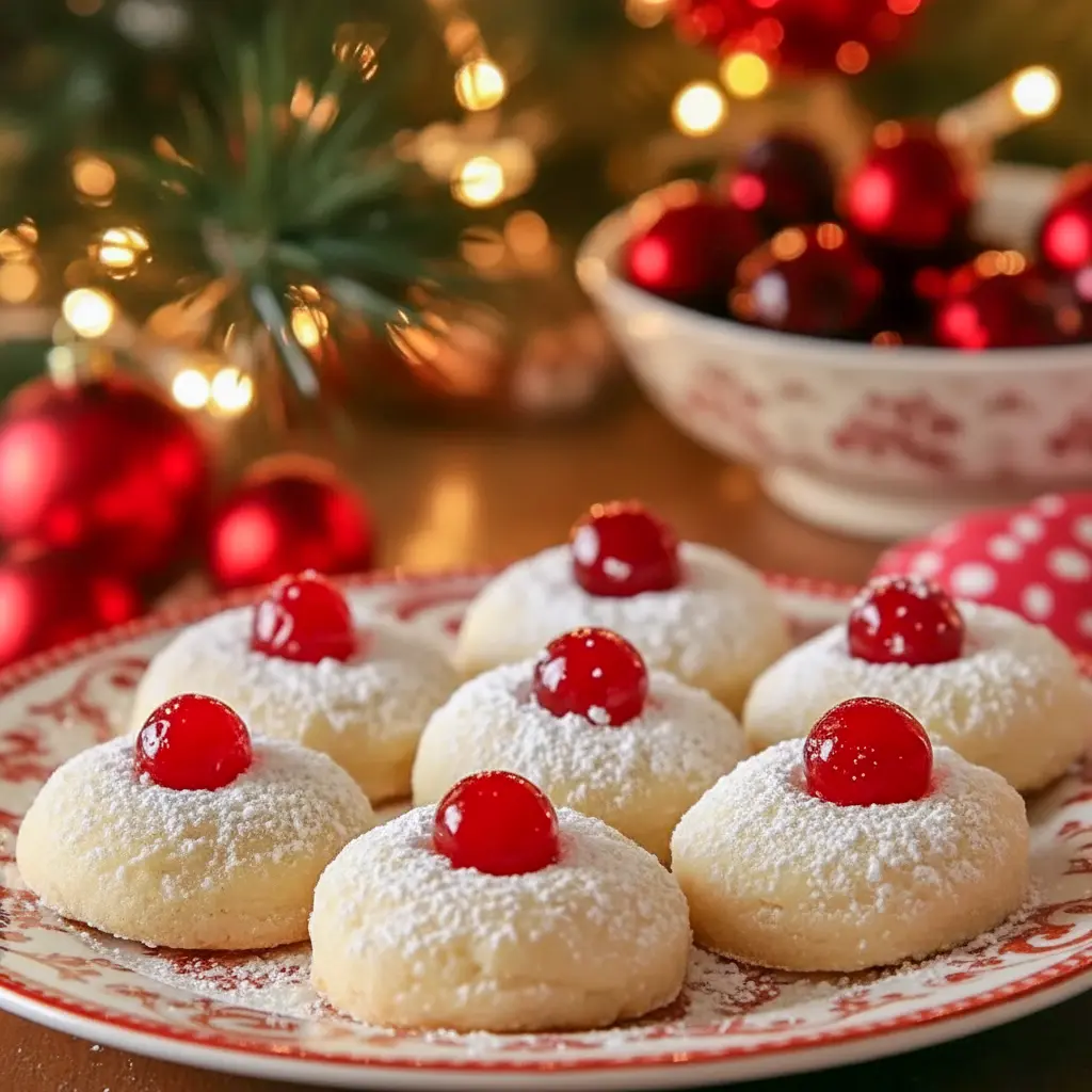 Close-up of cherry-studded shortbread cookies dusted with powdered sugar on a wooden board, styled for gifting and party platters — ideal for Thanksgiving Cookies Decorated Ideas and inspired by Cookie Press Cookies, Christmas Cherry Cookies.