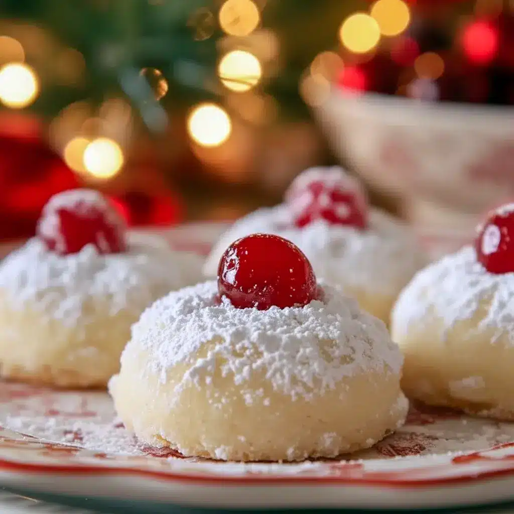 Close-up of cherry-studded shortbread cookies dusted with powdered sugar on a wooden board, styled for gifting and party platters — ideal for Thanksgiving Cookies Decorated Ideas and inspired by Cookie Press Cookies, Christmas Cherry Cookies.