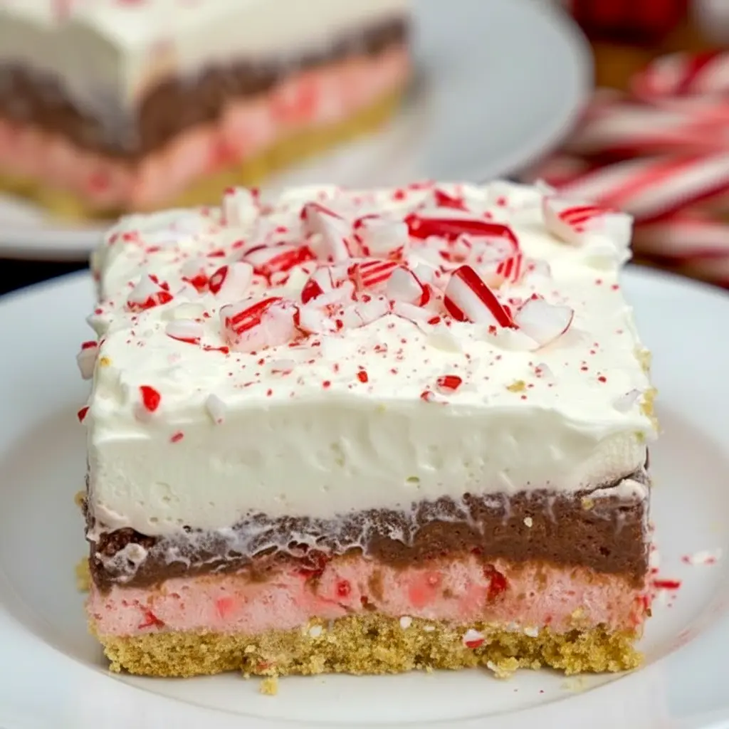 Close-up of no-bake peppermint bars: pink mint cheesecake layer, chocolate pudding, whipped topping and crushed candy cane garnish, Peppermint Dream Dessert.