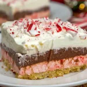 Close-up of no-bake peppermint bars: pink mint cheesecake layer, chocolate pudding, whipped topping and crushed candy cane garnish, Peppermint Dream Dessert.
