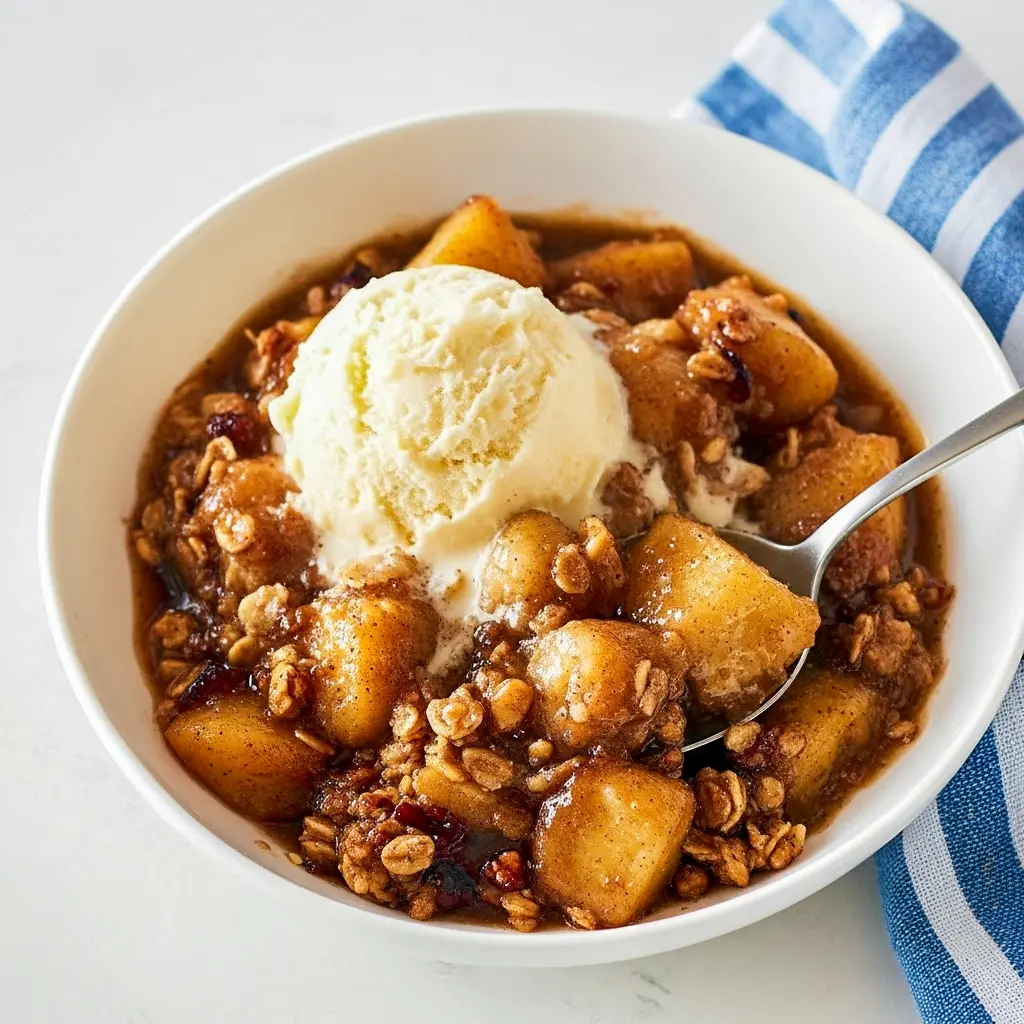 Skillet of golden banana crumble with oat-pecan streusel, a melting scoop of vanilla ice cream and a light caramel drizzle, served on a white plate.