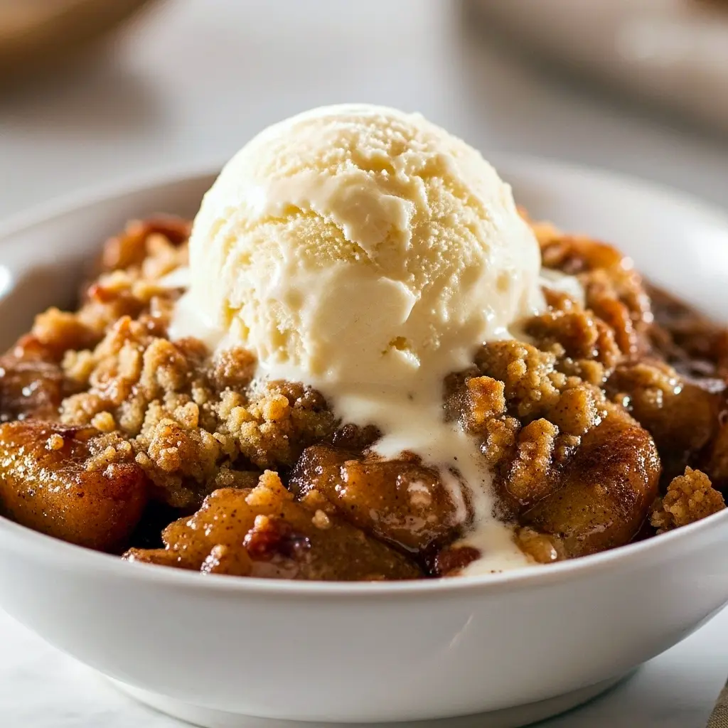 Skillet of golden banana crumble with oat-pecan streusel, a melting scoop of vanilla ice cream and a light caramel drizzle, served on a white plate.