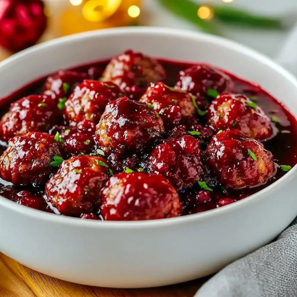 Glossy cranberry-glazed meatballs in a festive bowl, garnished with chopped parsley and toothpicks for easy serving, Traditional Christmas Appetizers.