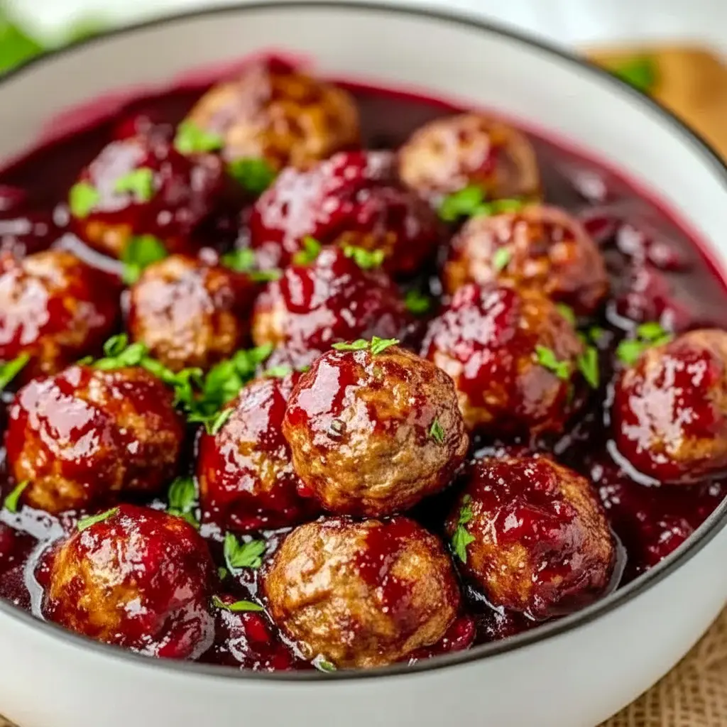 Glossy cranberry-glazed meatballs in a festive bowl, garnished with chopped parsley and toothpicks for easy serving, Traditional Christmas Appetizers.