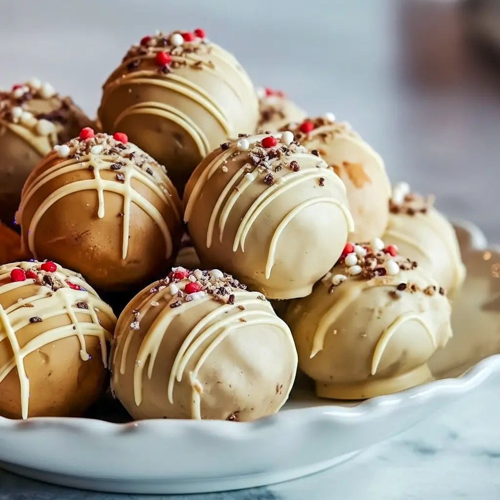 Close-up of white-chocolate-coated gingerbread bites on parchment, styled as Cute Christmas Deserts; these Xmas Truffles are simple Christmas Truffle Recipes and can be a lighter option for Christmas Treats Healthy swaps, Cozy Christmas Treats.