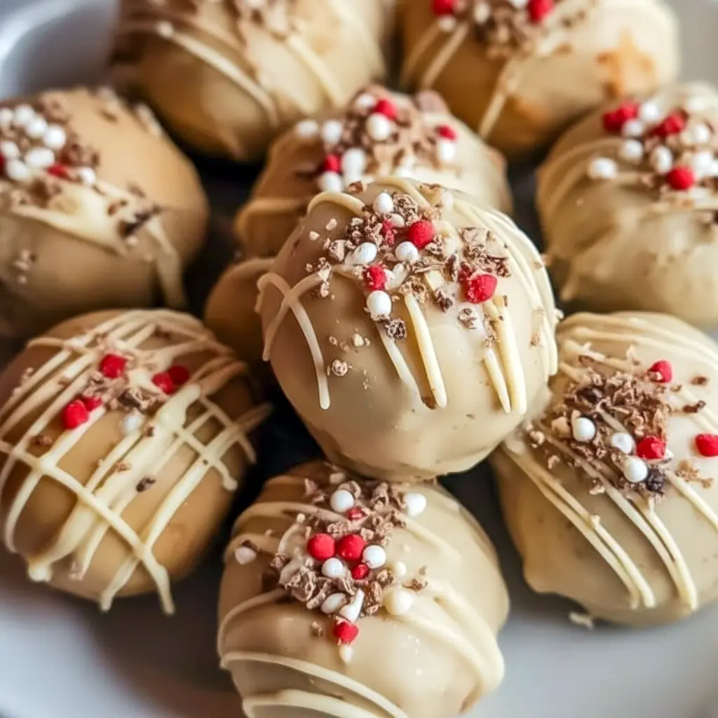 Close-up of white-chocolate-coated gingerbread bites on parchment, styled as Cute Christmas Deserts; these Xmas Truffles are simple Christmas Truffle Recipes and can be a lighter option for Christmas Treats Healthy swaps, Cozy Christmas Treats.