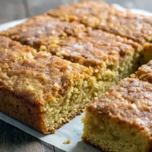 Slice of eggnog oatmeal breakfast cake dusted with cinnamon-sugar on a white plate, with a steaming mug and festive greenery in the background, Christmas Breakfast Cake.