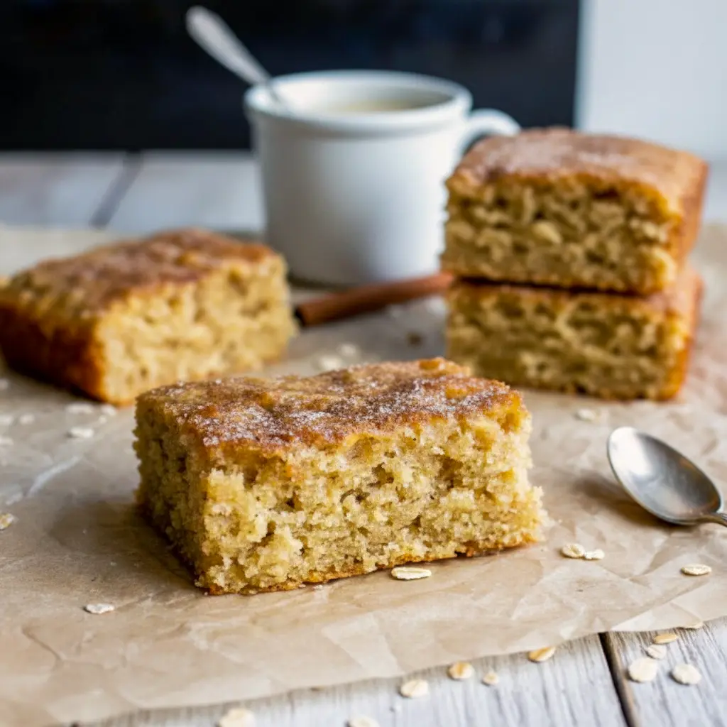 Slice of eggnog oatmeal breakfast cake dusted with cinnamon-sugar on a white plate, with a steaming mug and festive greenery in the background, Christmas Breakfast Cake.