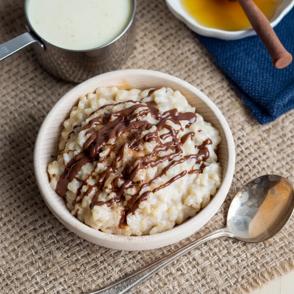 Close-up of a warm bowl of eggnog rice pudding with chocolate drizzle — perfect for Pudding Recipes (not icy Slushies), Holiday Eggnog Rice Pudding.