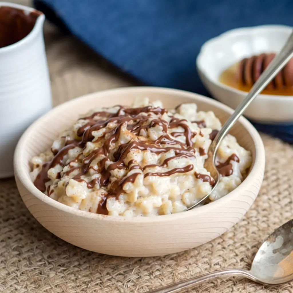 Close-up of a warm bowl of eggnog rice pudding with chocolate drizzle — perfect for Pudding Recipes (not icy Slushies), Holiday Eggnog Rice Pudding.