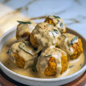 Close-up of golden-browned pumpkin chicken meatballs sitting in a glossy sage cream sauce, garnished with fresh sage leaves on a rustic plate, Homemade Fall Recipes.