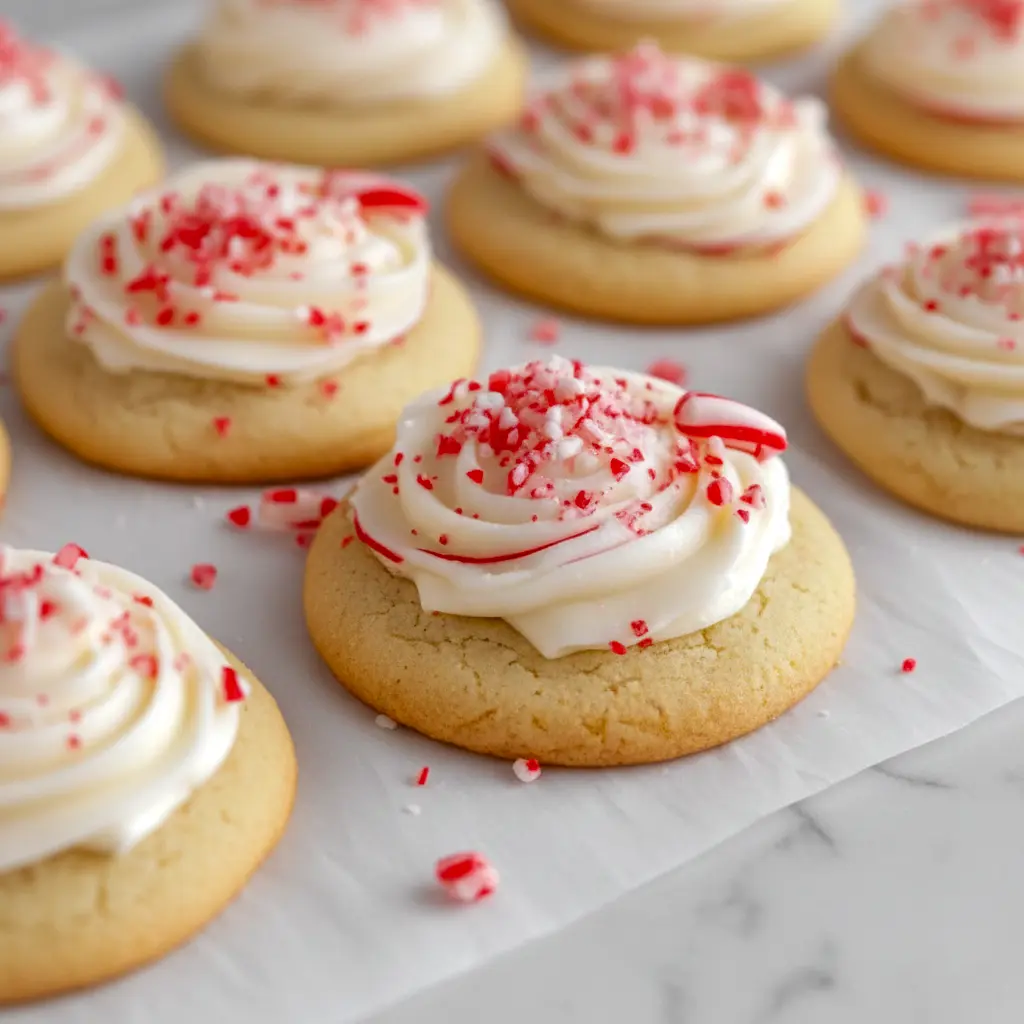Close-up of peppermint sugar cookies topped with swirled buttercream and crushed candy cane, arranged on a festive plate, Christmas Type Cookies.