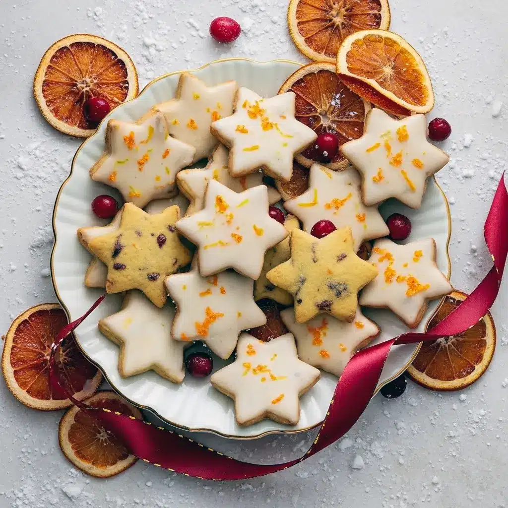 Overhead shot of star-shaped cranberry orange shortbread cookies glossed with orange glaze and sprinkled with zest, arranged on a wooden board with a festive ribbon nearby, Orange Christmas Recipes.