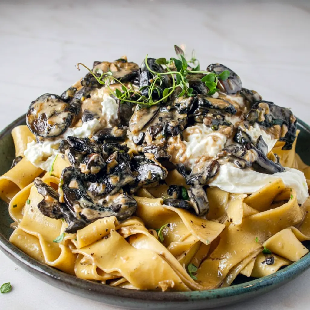 Close-up of pappardelle coated in a silky mushroom cream sauce, crowned with a split ball of burrata and a sprinkle of fresh thyme on a green plate over a marble countertop, Creamy Mushroom Pasta.