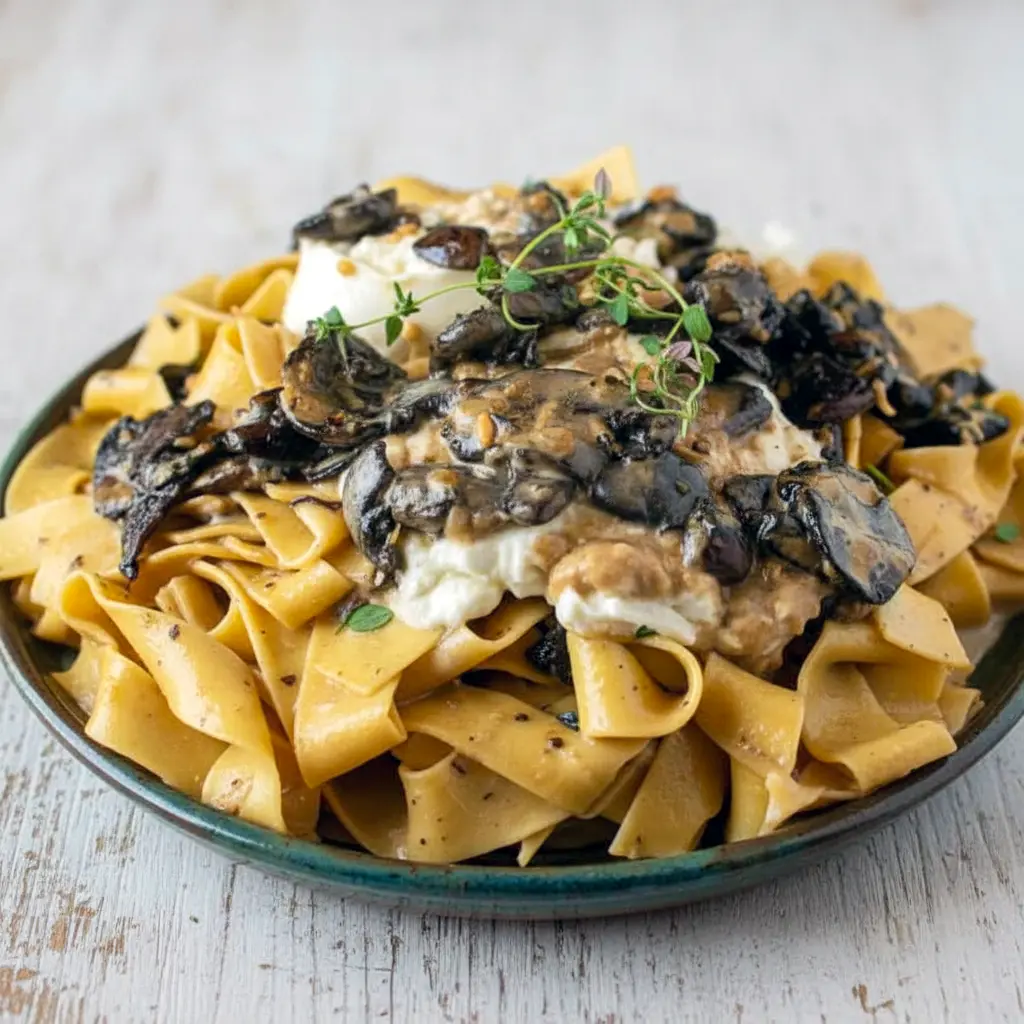 Close-up of pappardelle coated in a silky mushroom cream sauce, crowned with a split ball of burrata and a sprinkle of fresh thyme on a green plate over a marble countertop, Creamy Mushroom Pasta.