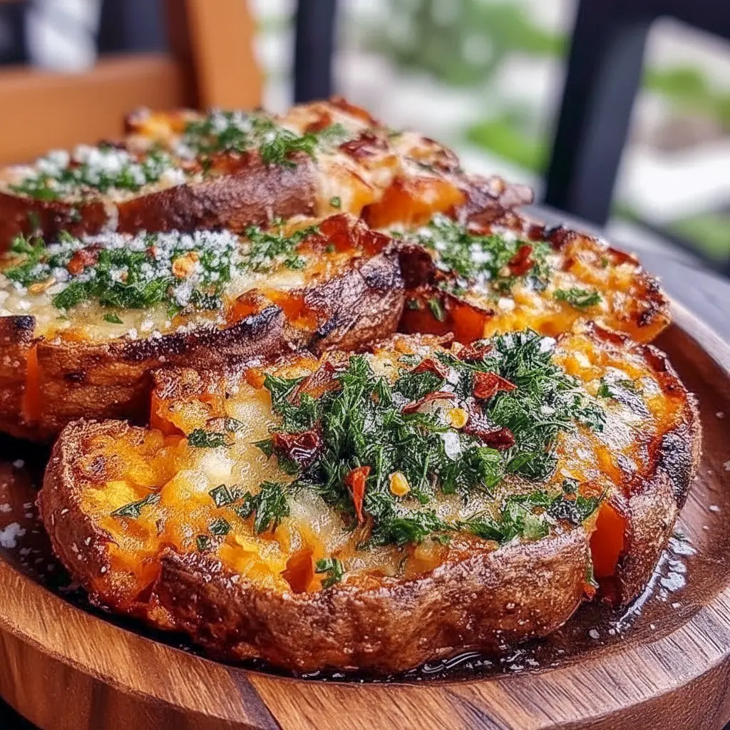 Close-up of crispy garlic-Parmesan sweet potato wedges on a rustic plate, sprinkled with parsley and a lemon wedge, served with a small bowl of creamy dip.