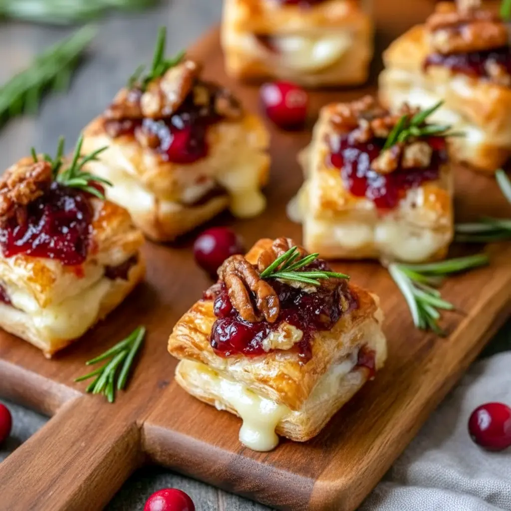 Golden puff pastry cups filled with melted brie and glossy cranberry sauce, garnished with a tiny rosemary sprig, Holiday Appetizers Christmas.