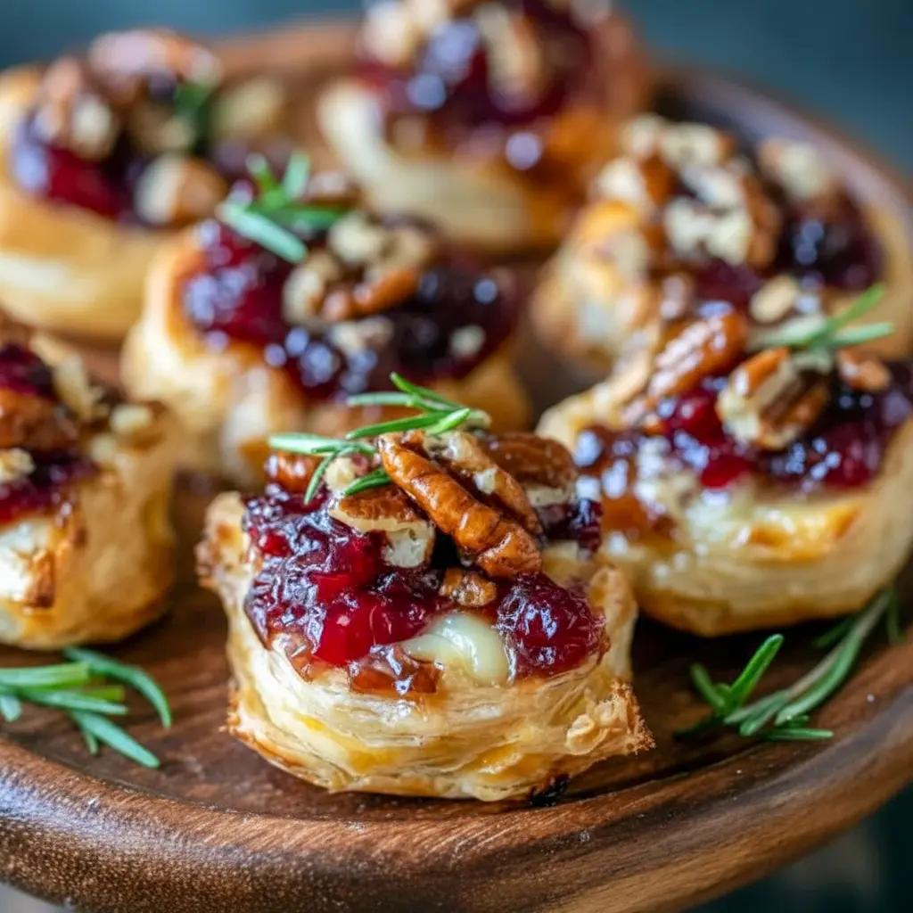 Golden puff pastry cups filled with melted brie and glossy cranberry sauce, garnished with a tiny rosemary sprig, Holiday Appetizers Christmas.