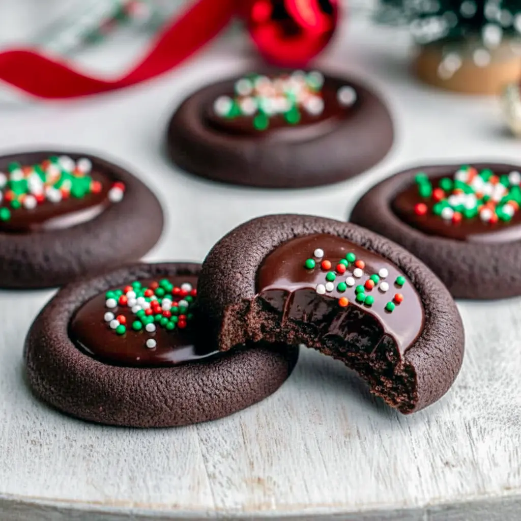 Close-up of chocolate thumbprint cookies with glossy ganache centers and festive nonpareil sprinkles on a holiday platter, Christmas Chocolate Cookies Recipes.