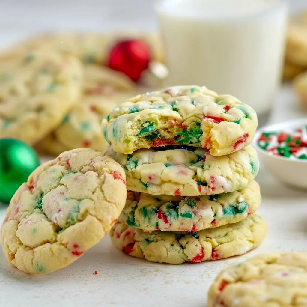 Close-up of powdered-sugar coated cookies with red and green sprinkles, showing a gooey interior — Christmas Ooey Gooey Butter Cookies, a shot of Ooey Gooey Christmas Butter Cookies, styled for a Gooey Butter Cake Cookie Recipe, Christmas Gooey Butter Cookies.
