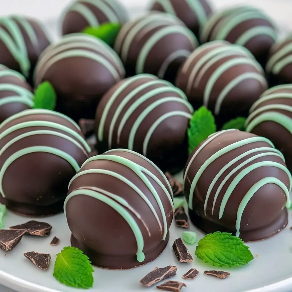Truffle Recipe close-up: glossy mint chocolate spheres on a platter, ideal for Christmas Candy Recipes and Candy Recipes Homemade gift boxes, Christmas Truffles.