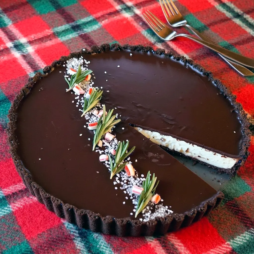 Christmas Chocolate Mousse Pie-style tart with dark glaze and peppermint-white mousse in a chocolate crust — a festive Peppermint Christmas Desserts centerpiece that also works for Thanksgiving Tarts Desserts or as a bold Christmas Pie Chocolate display, Christmas Showstopper Desserts.