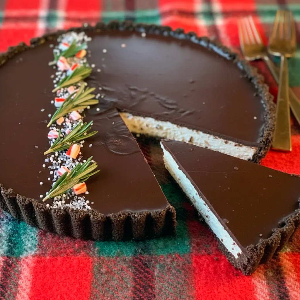 Christmas Chocolate Mousse Pie-style tart with dark glaze and peppermint-white mousse in a chocolate crust — a festive Peppermint Christmas Desserts centerpiece that also works for Thanksgiving Tarts Desserts or as a bold Christmas Pie Chocolate display, Christmas Showstopper Desserts.