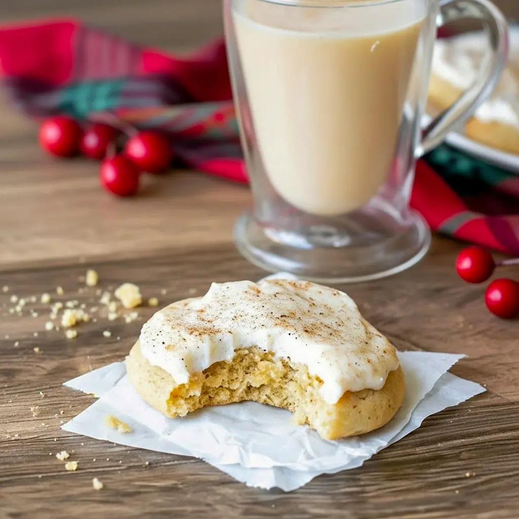 Close-up of frosted cookies showing nutmeg dusting and creamy swirl — Gooey Christmas Cookies that are surprisingly Eggnog Cookies Easy to make, topped with rich Eggnog Frosting, and adaptable as Gluten Free Eggnog Cookies, Eggnog Christmas Cookies.